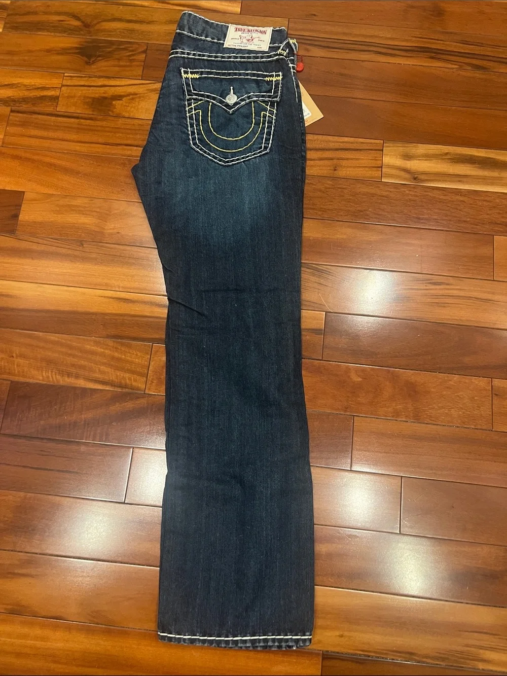 True Religion Ricky Straight Leg Dark Blue Denim Jeans with Contrast Stitching